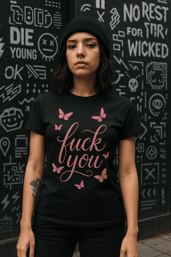 Žena nosi crnu majicu s natpisom fuck you i ružičastim leptirima – fuck you majica lifestyle.