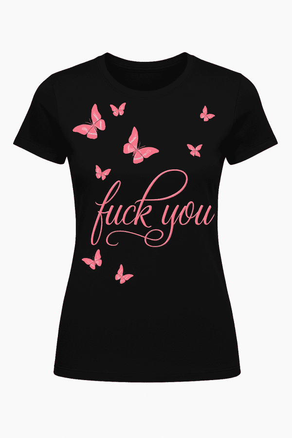 Fuck you majica – crna ženska T-shirt s leptirima i ružičastim natpisom
